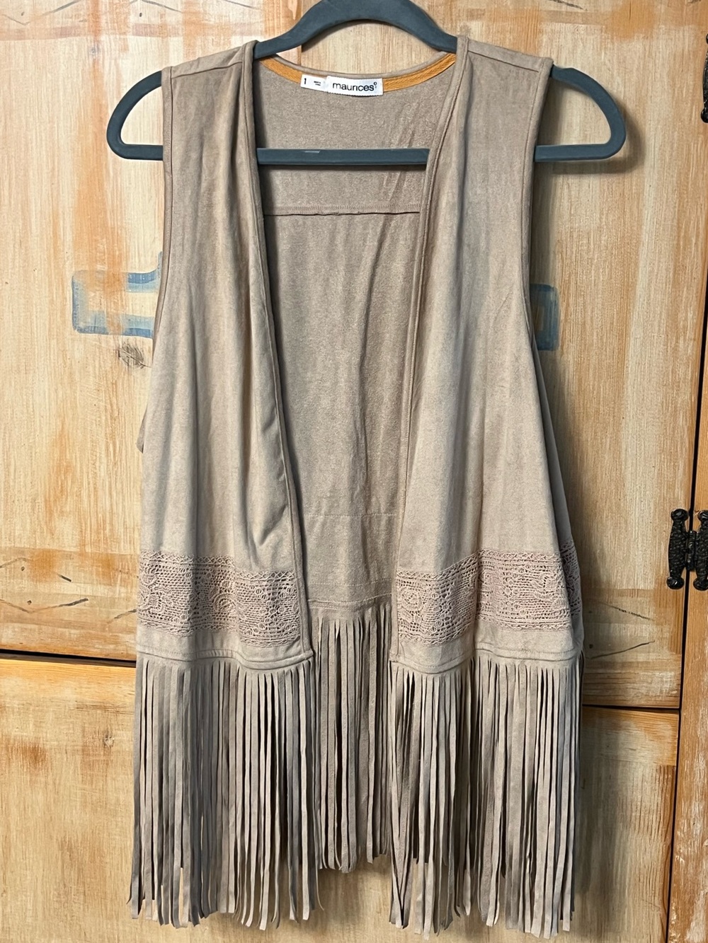 Maurices Taupe Suede-Look Fringe Vest